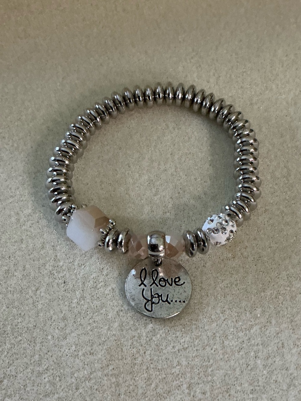 Silver Beaded 'I Love You' Charm Bracelet - White Accents